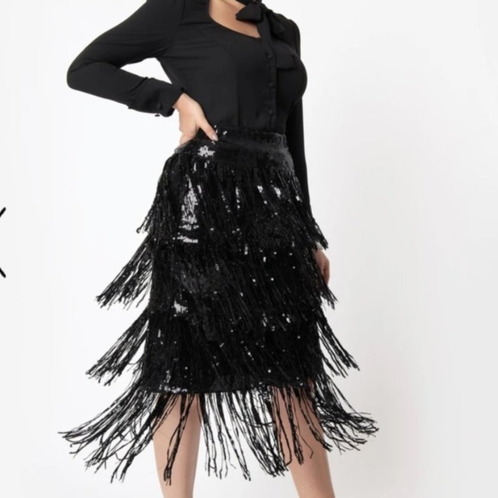Unique vintage Black Sequin & Fringe Tiered Skirt